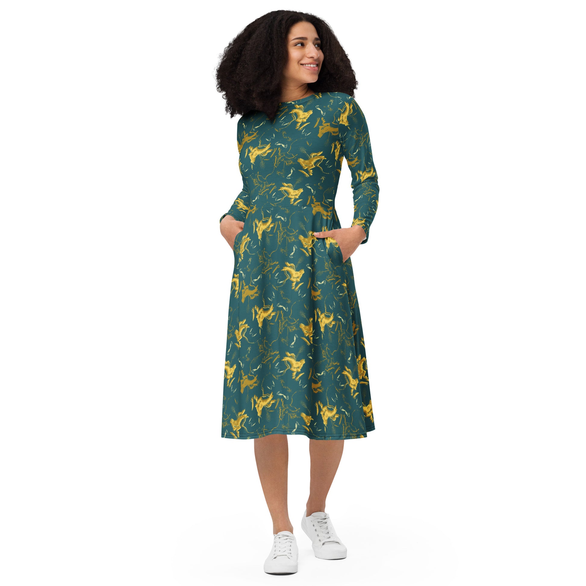 good witch floral long sleeve midi dress La Doublej Good Witch Midi Dress In Dandelion Blu