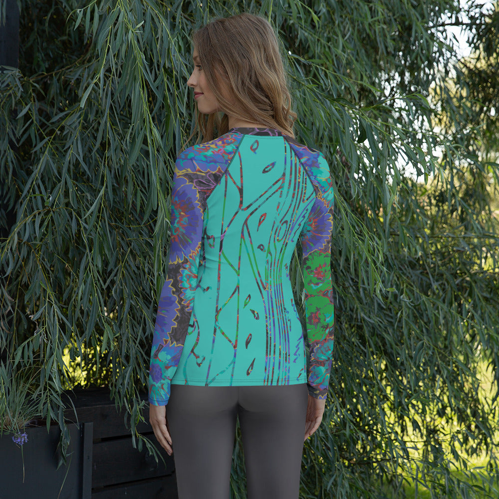Ultramarine Flowers Women's Rash Guard-Geckojoy